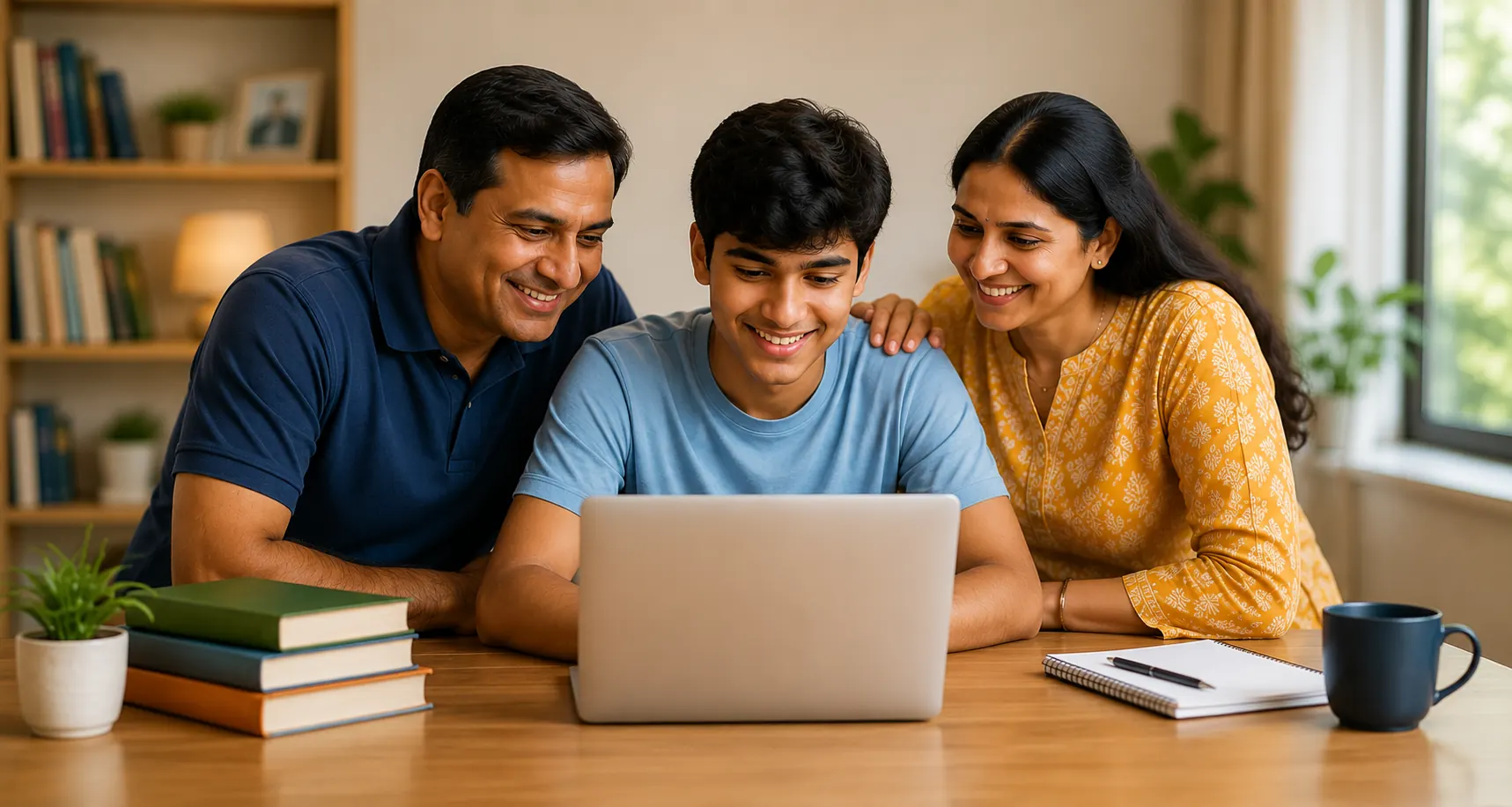Indian parents guiding their child while looking at a laptop together