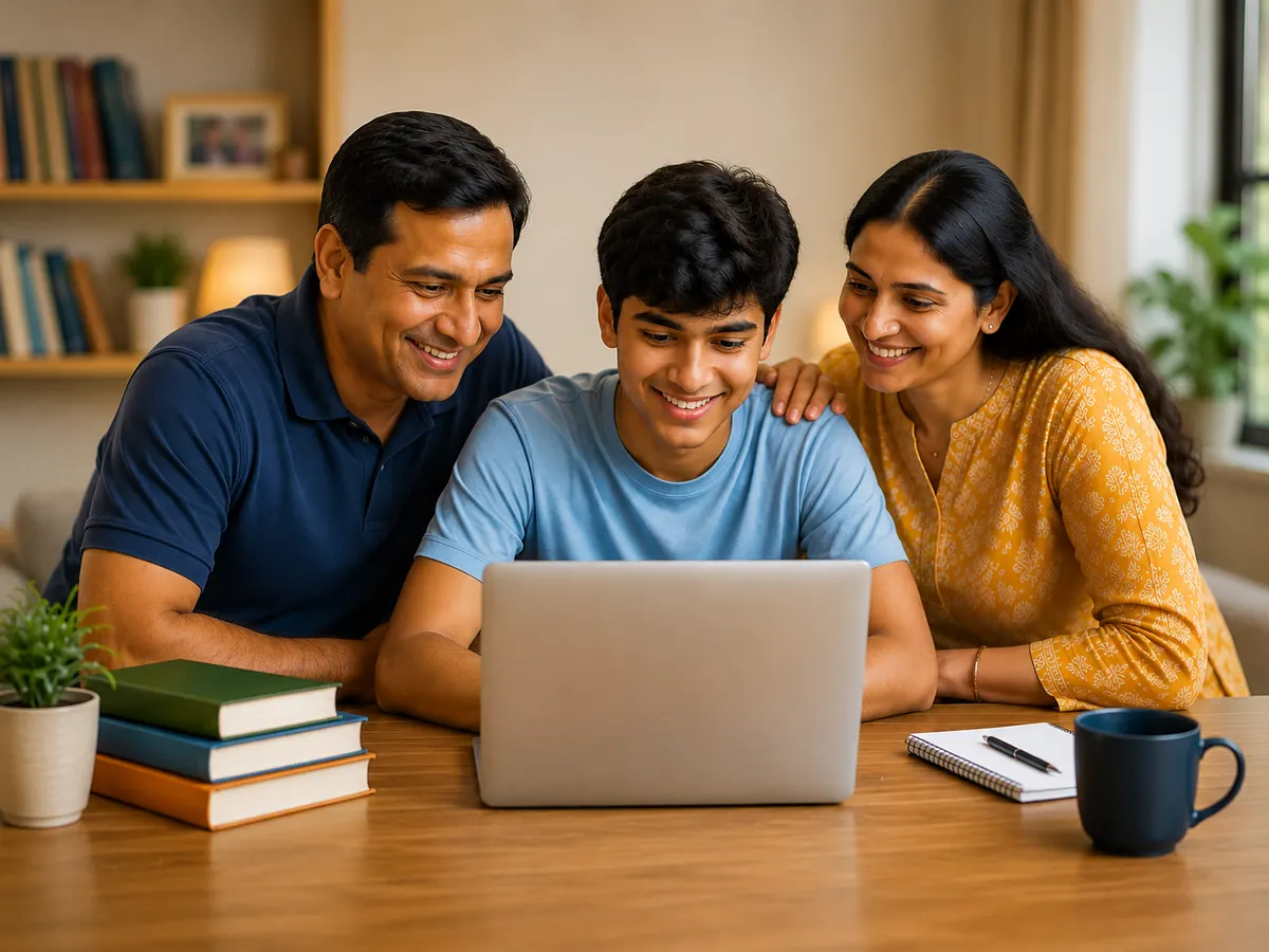Parents and their son looking at a course guide together on a laptop